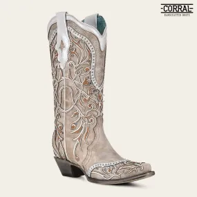 A3837 - Corral white cowgirl western leather floral inlay boots for women