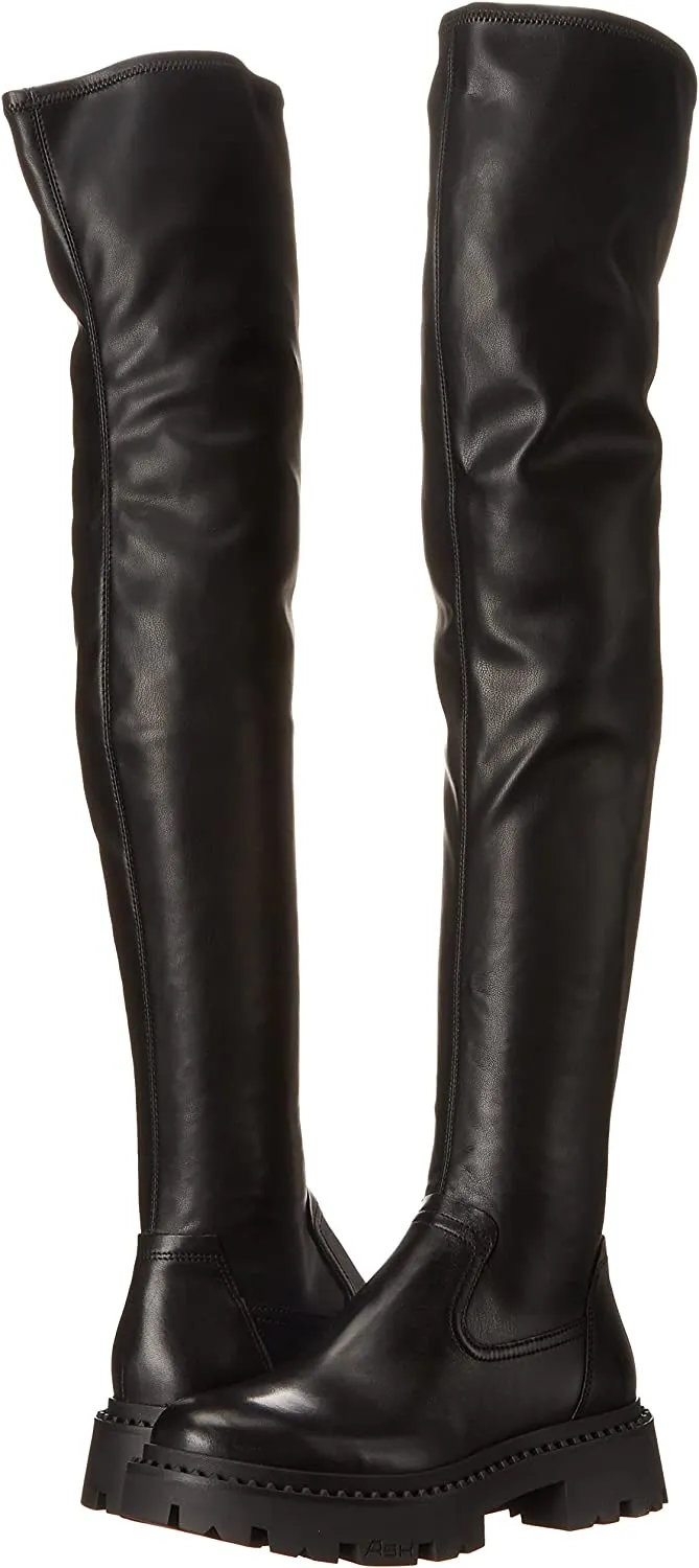 Ash Gill Black Pull On Stretch Fitted Nappa Over The-Knee Lug Sole Boots