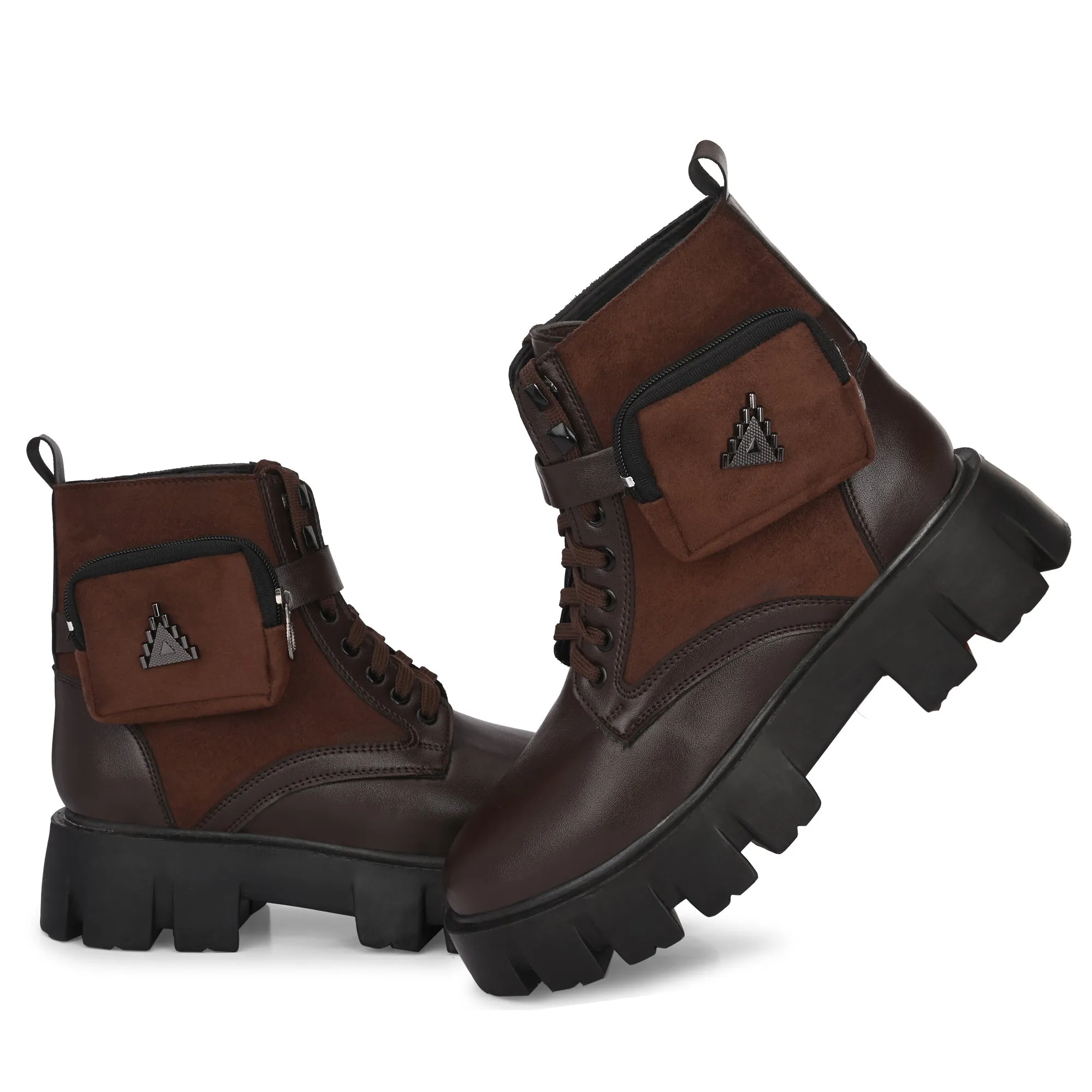 Attitudist Unisex Brown Velvet Upper High Heels Pocket Boots