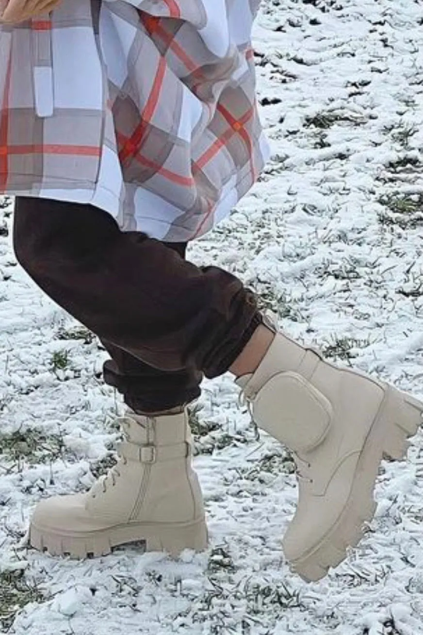 Beige Chunky Pocket Detail Biker Ankle Boots