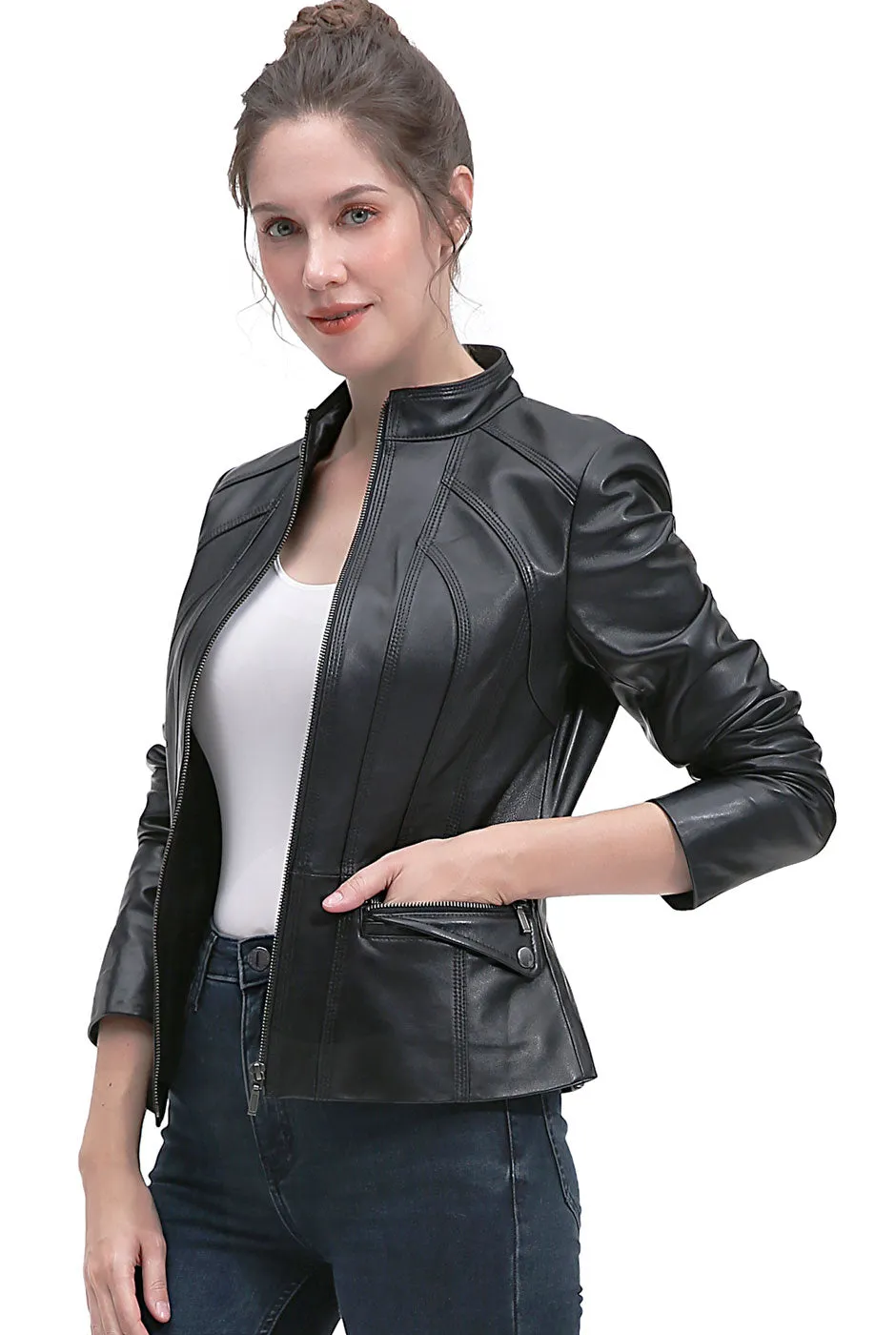 BGSD Women Kayla Lambskin Leather Scuba Jacket