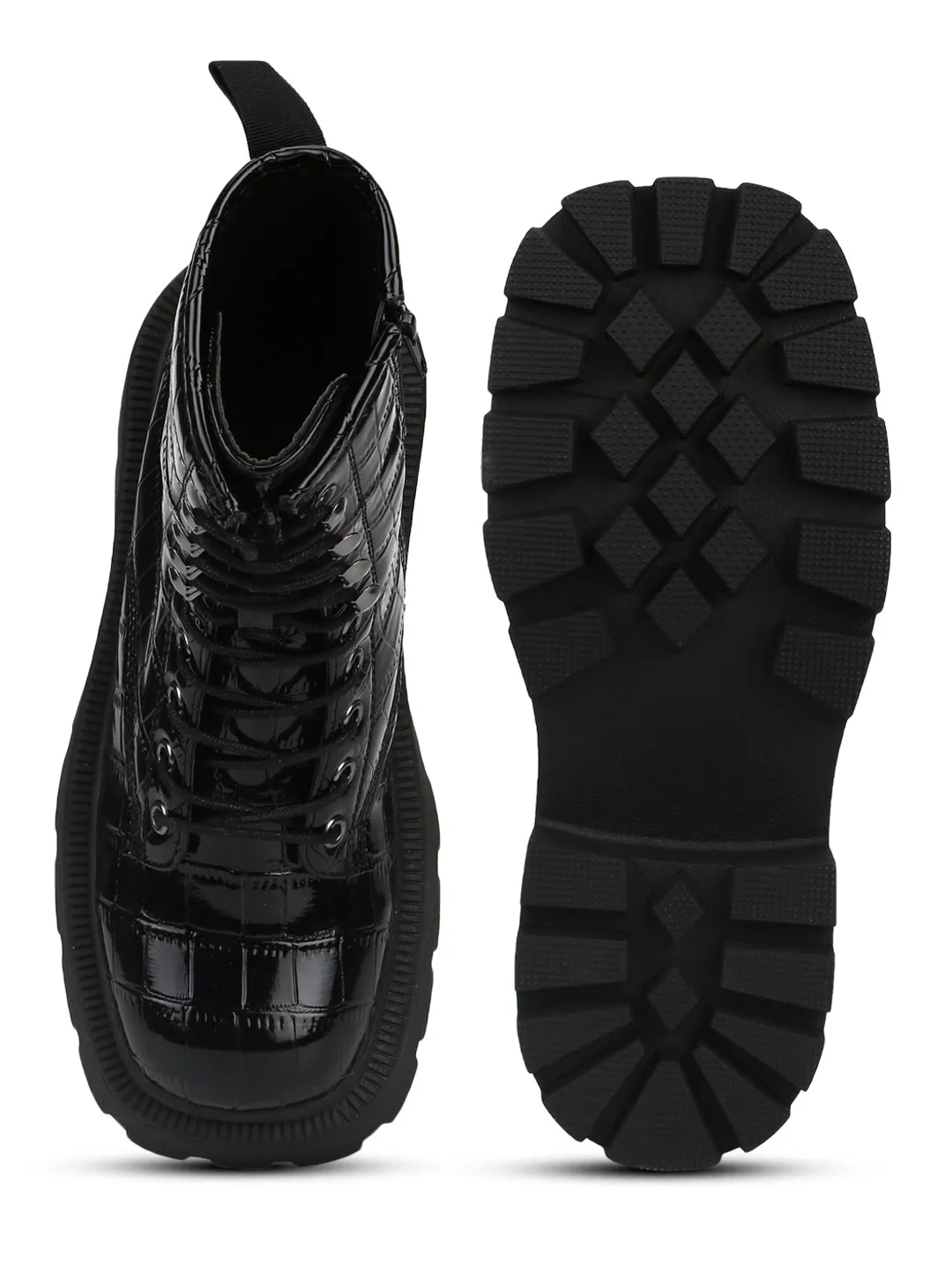 Black Croc Patent Lace Up Chunky Combat Boots