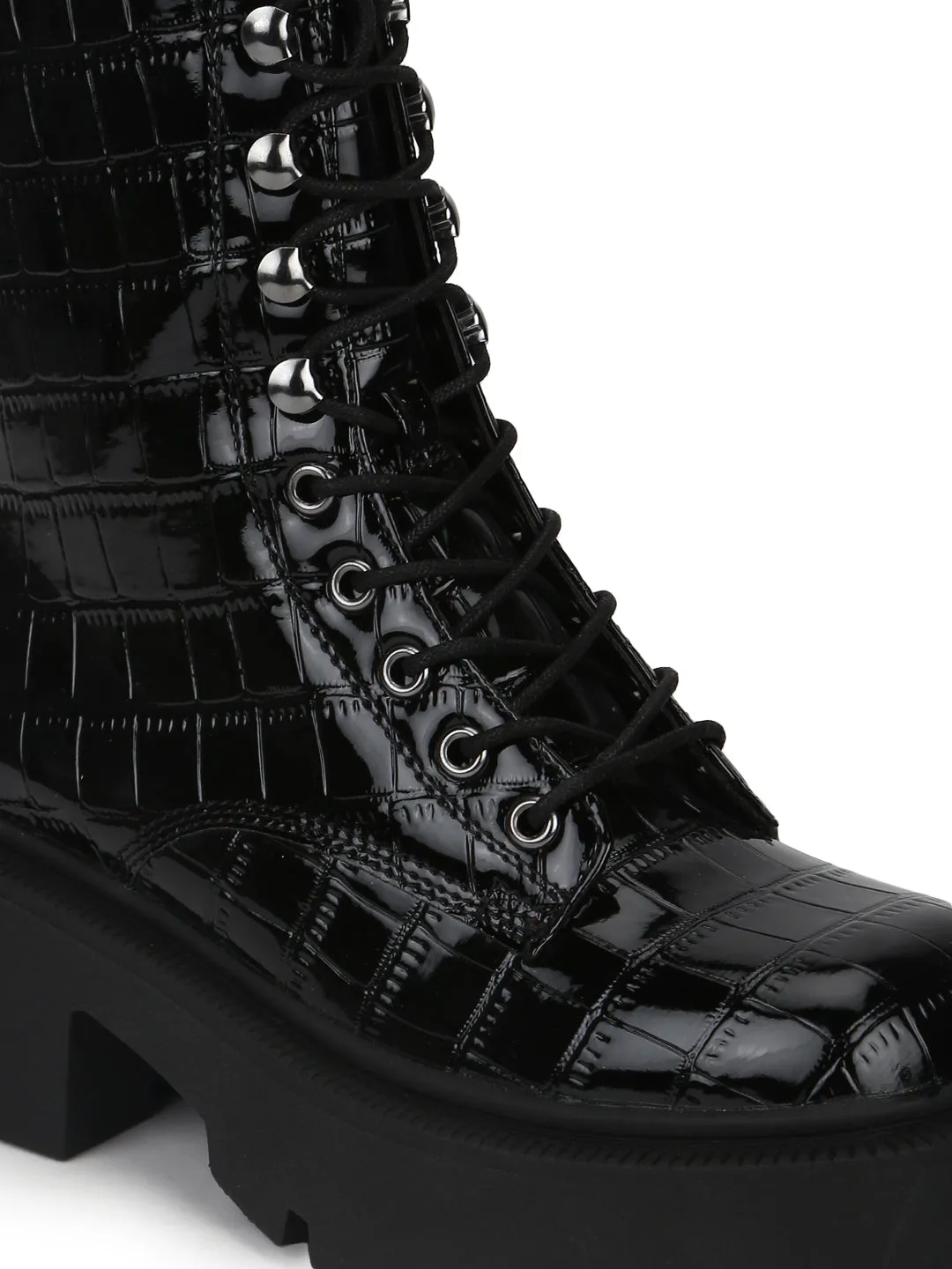 Black Croc Patent Lace Up Chunky Combat Boots