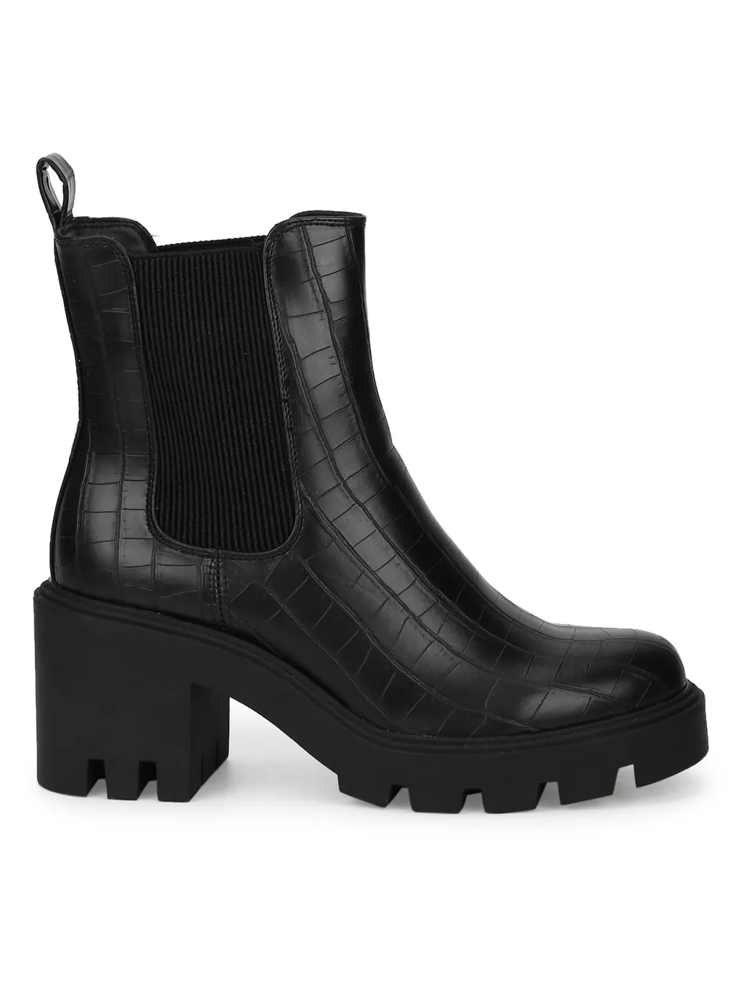 Black Croc PU Slip On Platform Ankle Boots