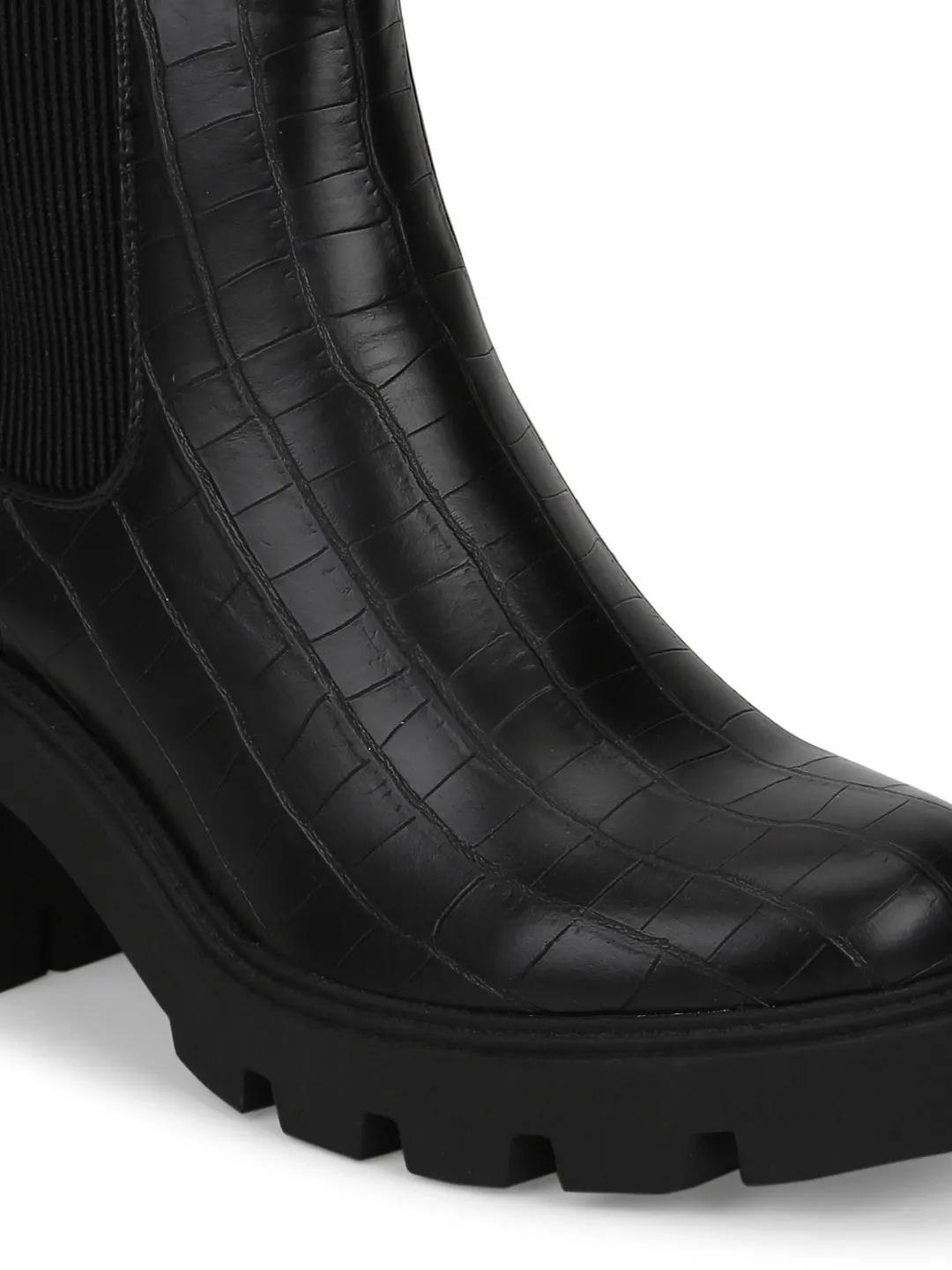 Black Croc PU Slip On Platform Ankle Boots