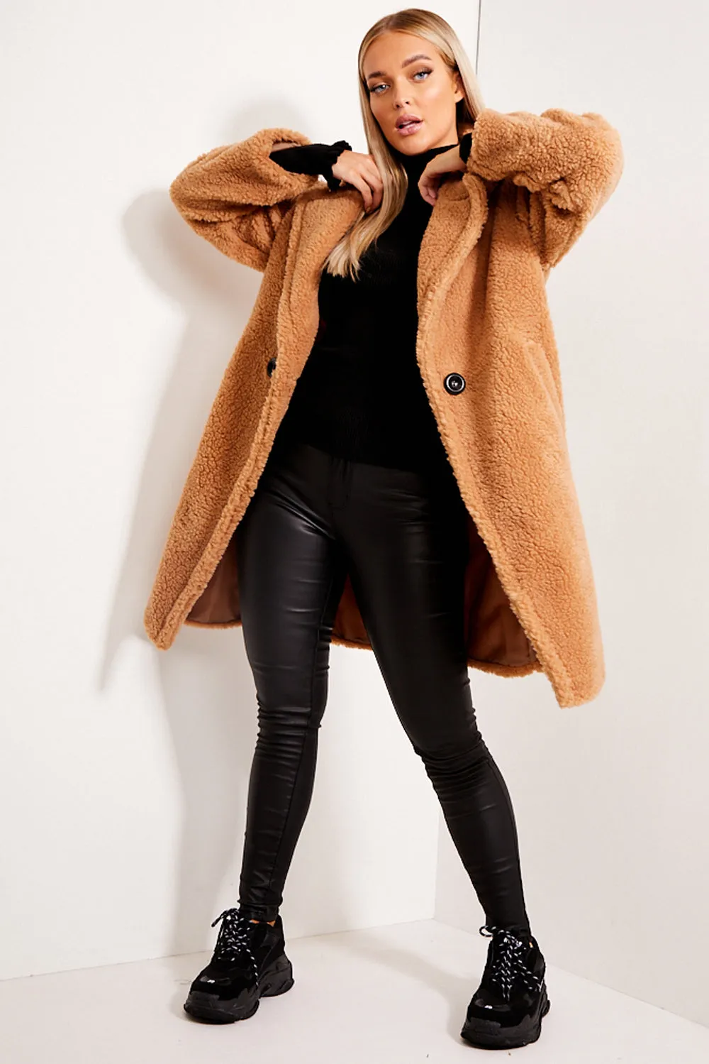 Camel Button Up Teddy Coat