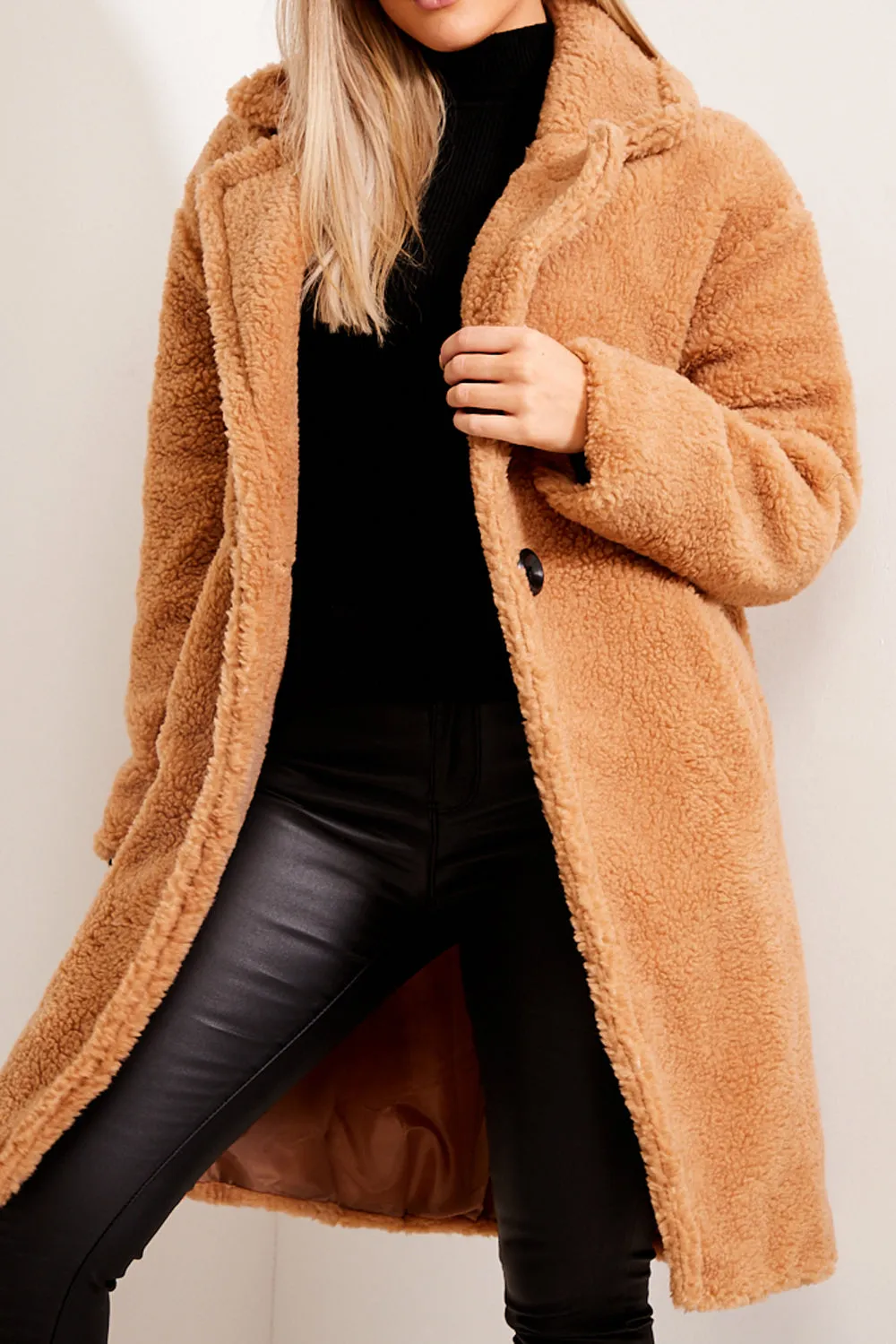 Camel Button Up Teddy Coat