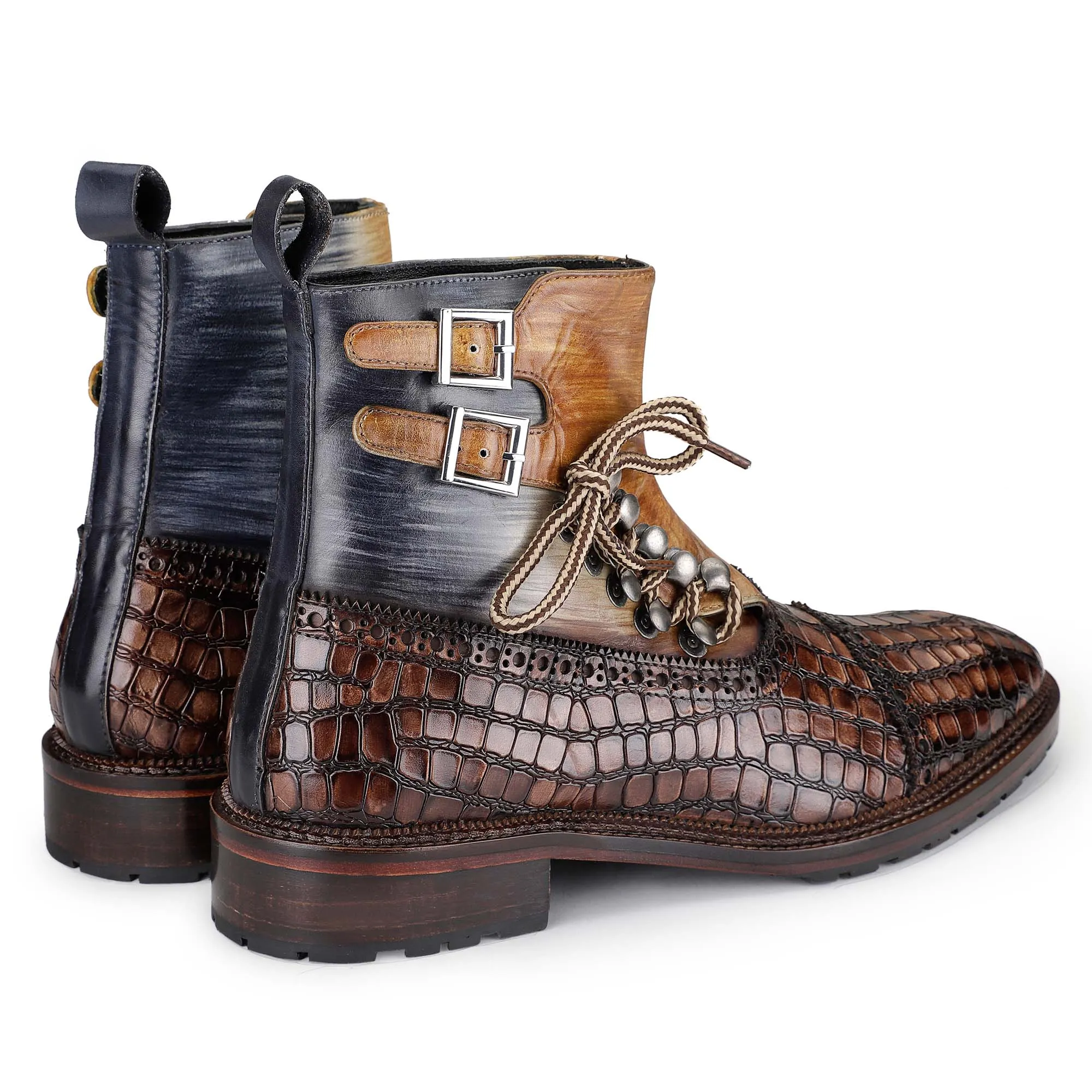 Cap Toe  Lace up Boots - Croc Brown