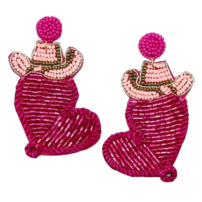 Cowgirl Hat Heart Seed Bead Earrings