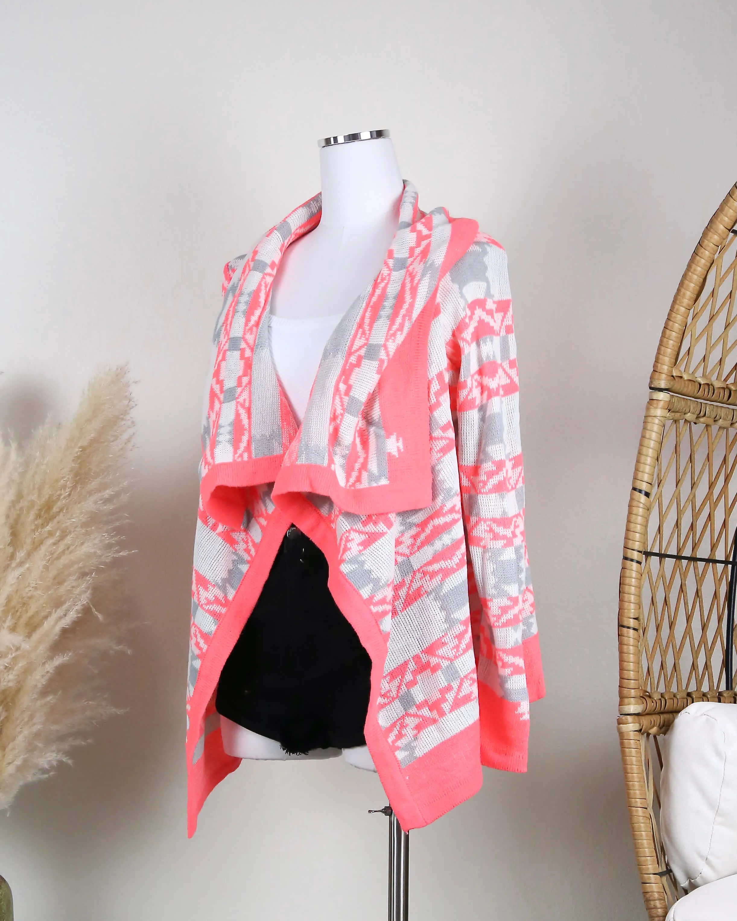 Cozy Bonfire Aztec Print Tribal Cardigan in Bright Coral