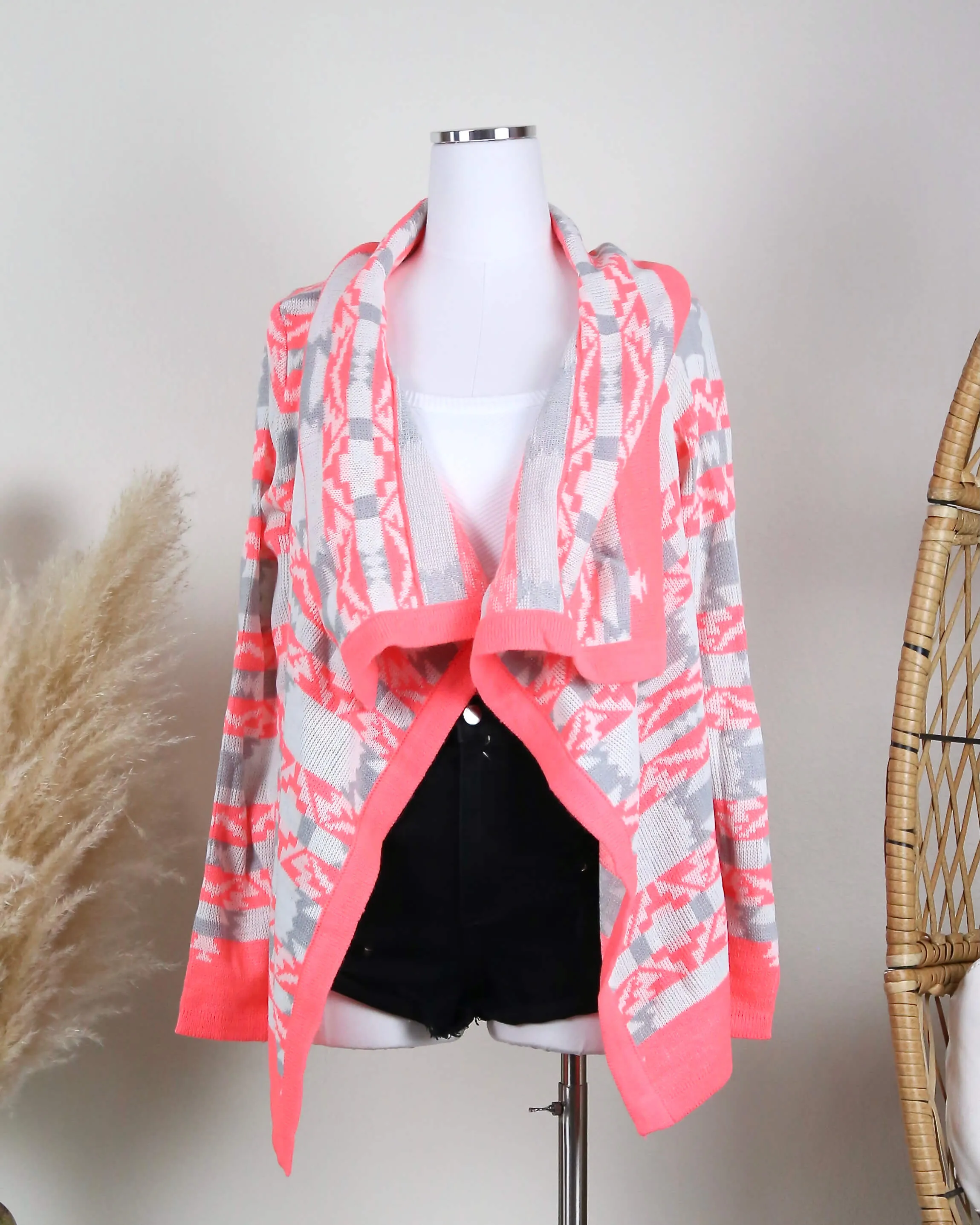 Cozy Bonfire Aztec Print Tribal Cardigan in Bright Coral