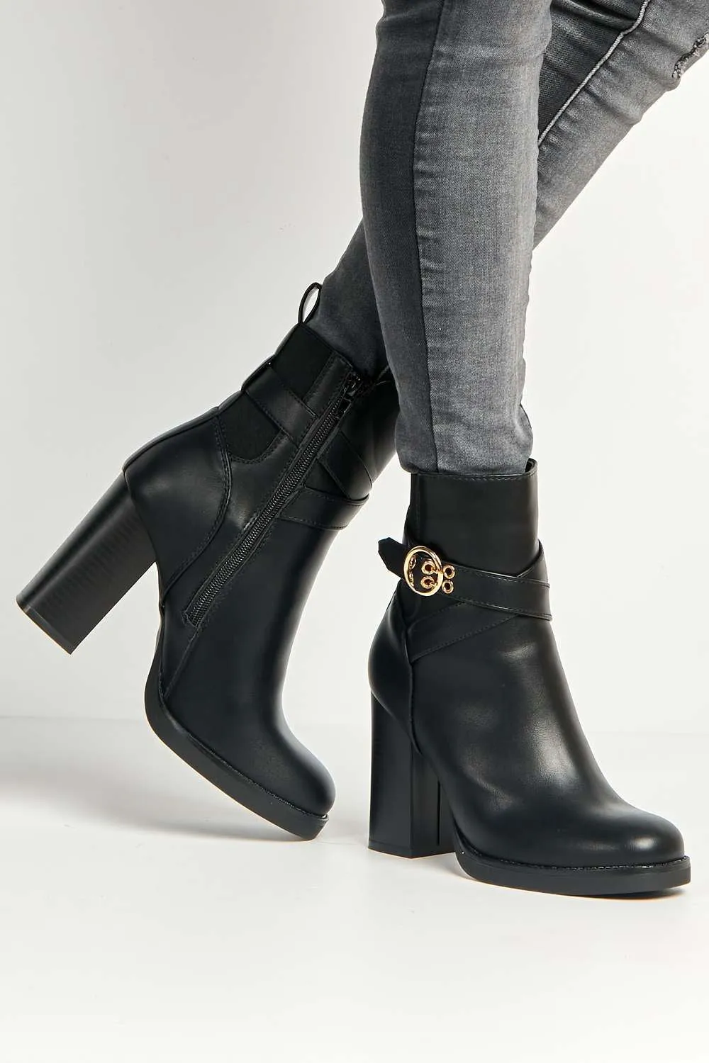 Dagny Buckle Detail Block Heel Boots in Black Matt