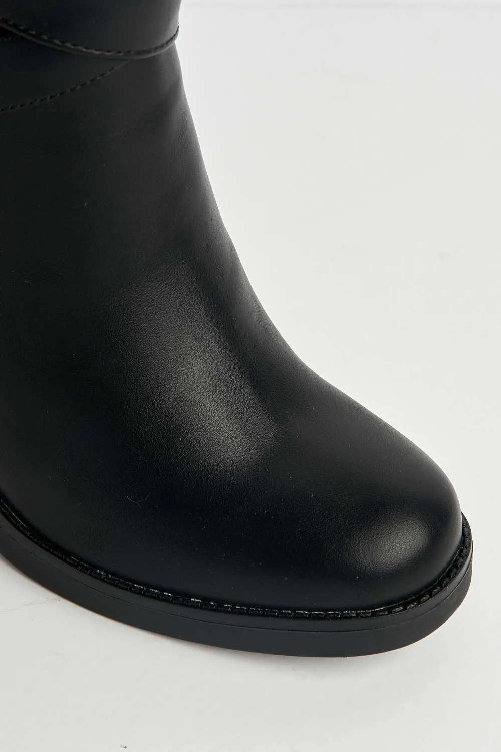 Dagny Buckle Detail Block Heel Boots in Black Matt