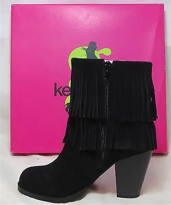 KENSIE GIRL Women's Ranella Fringe Boot - Black Suede - 6