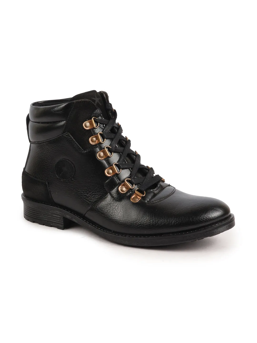 Men Black Genuine Leather 6-Eye Metallic Lace Up Hook Classic High Ankle Boot For Trekking|Biking|Hiking