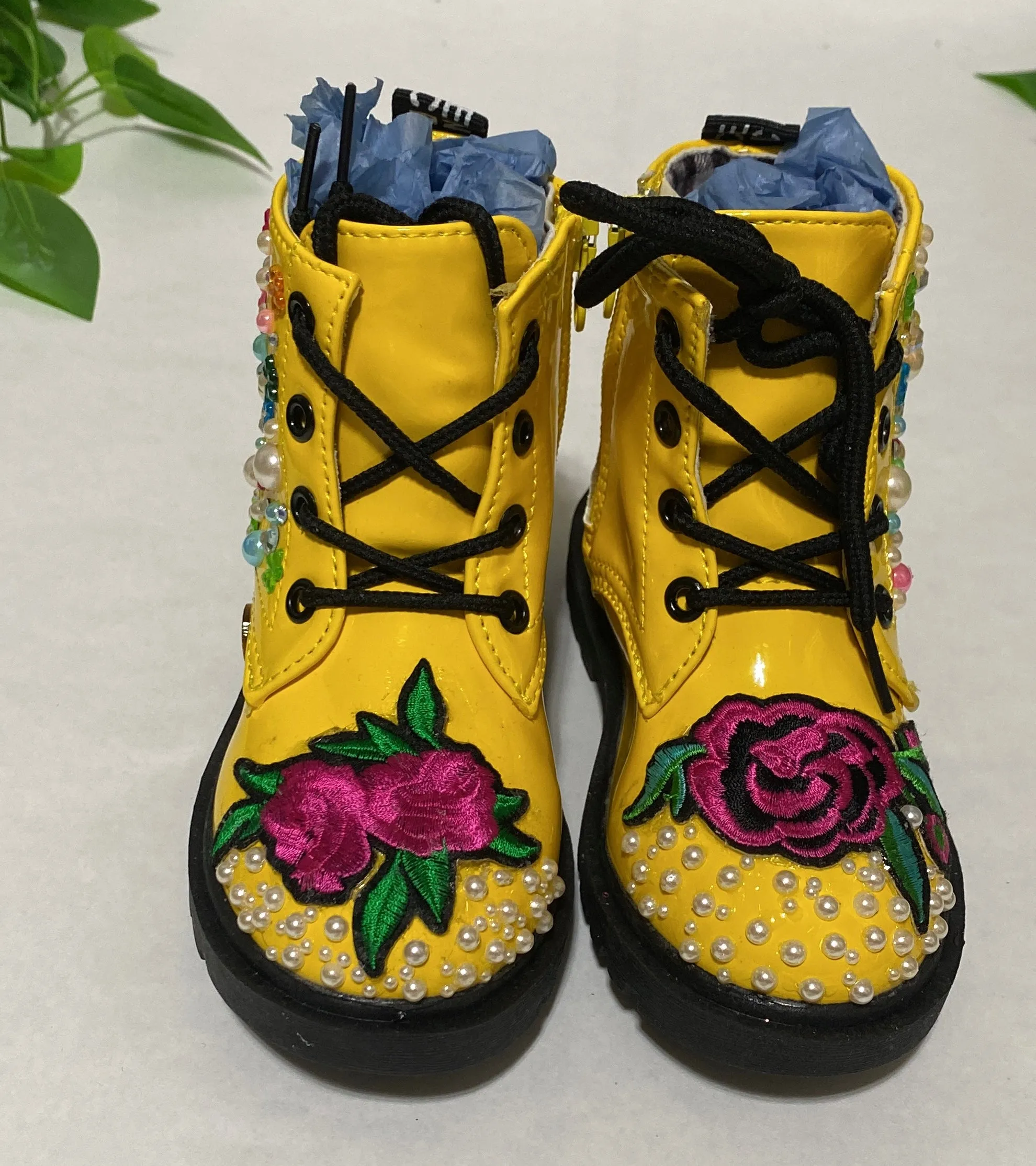 PINK FLOWERED YELLOW GIRLS' BOOTS