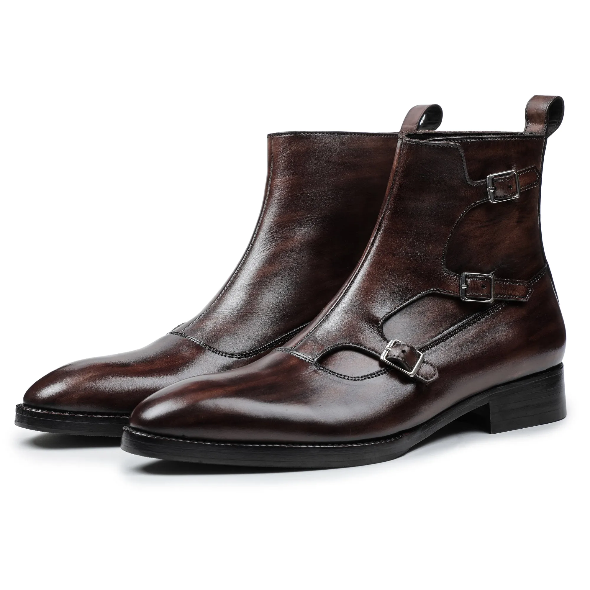 Triple Monk Strap Boots - Dark Brown