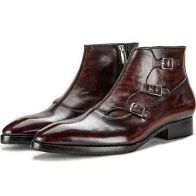 Triple Monk Strap Zipper Boots - Dark Brown