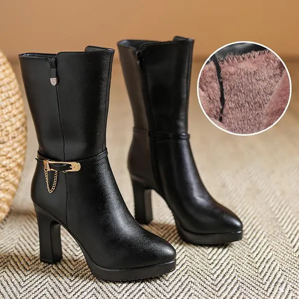 Women's Casual Belt Buckle Chunk Heel Mid-Calf Boots 35478235S