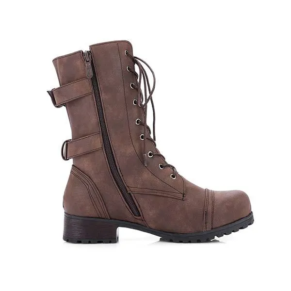 Women's Casual Low Heel Mid-Calf Boots with Side Zipper and Buckled Straps 34074097C