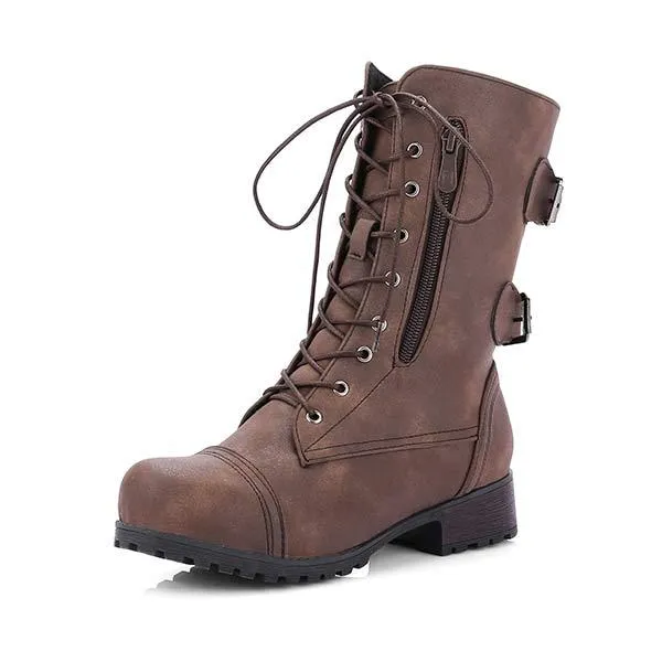 Women's Casual Low Heel Mid-Calf Boots with Side Zipper and Buckled Straps 34074097C