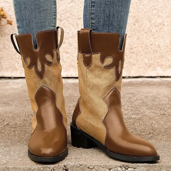 Women's Casual Retro Spliced Mid-calf Western Boots 62768101S