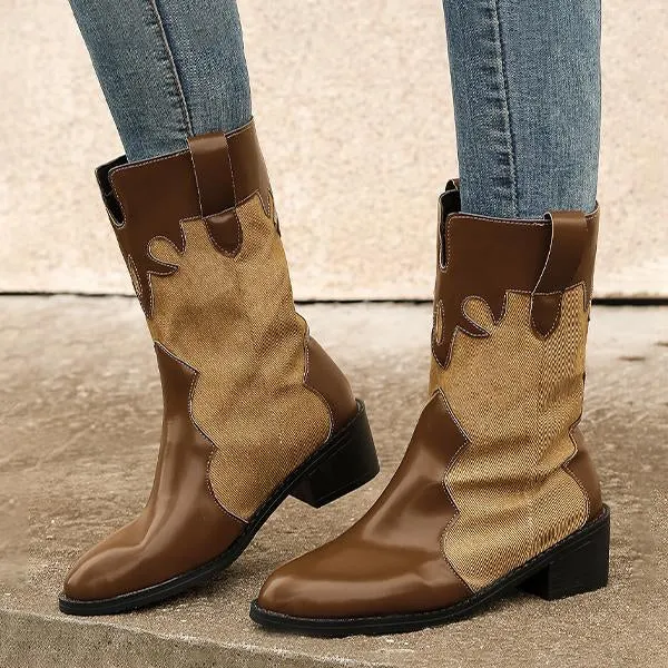 Women's Casual Retro Spliced Mid-calf Western Boots 62768101S