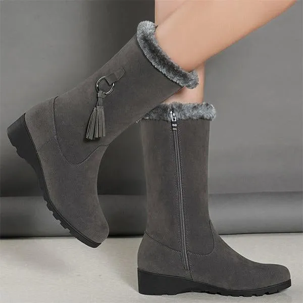 Women's Casual Side Zipper Wedge Mid-Calf Cotton Boots 31788422S